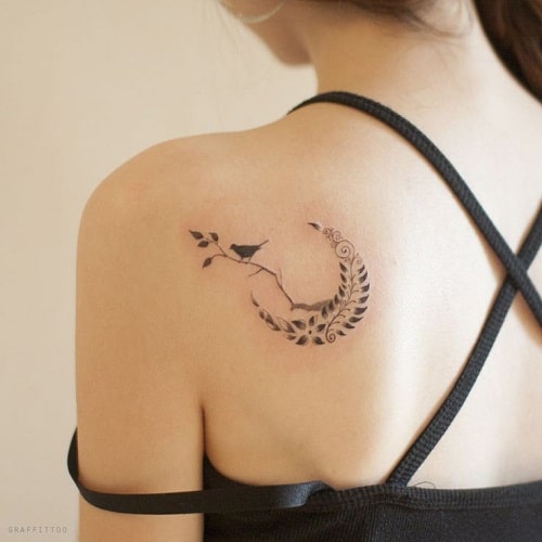 Bird with Leaves Crescent Moon Tattoos