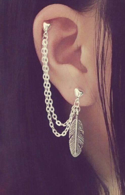 Feather Cartilage Chain Earrings Piercing