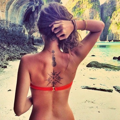 Back Compass Tattoo with Cross for Women