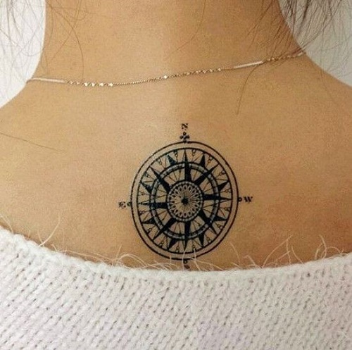 Cute Small Compass Tattoo on Upper Back