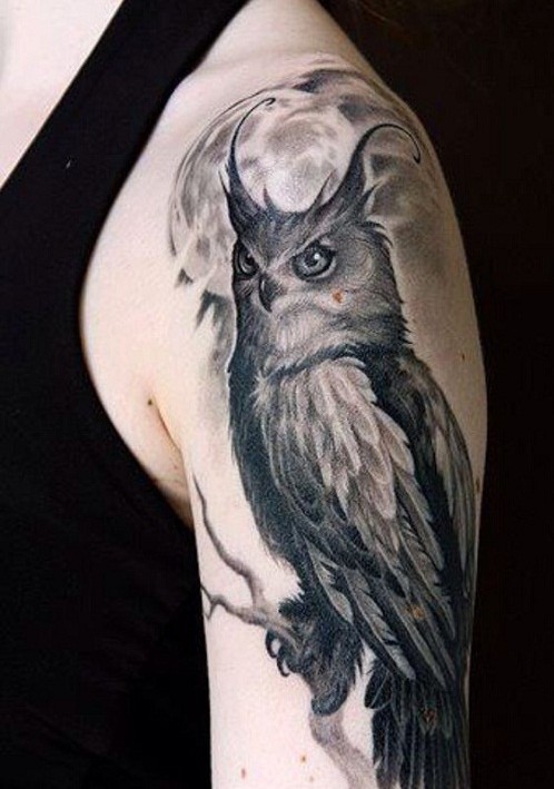 Full Moon and Owl Arm Tattoo