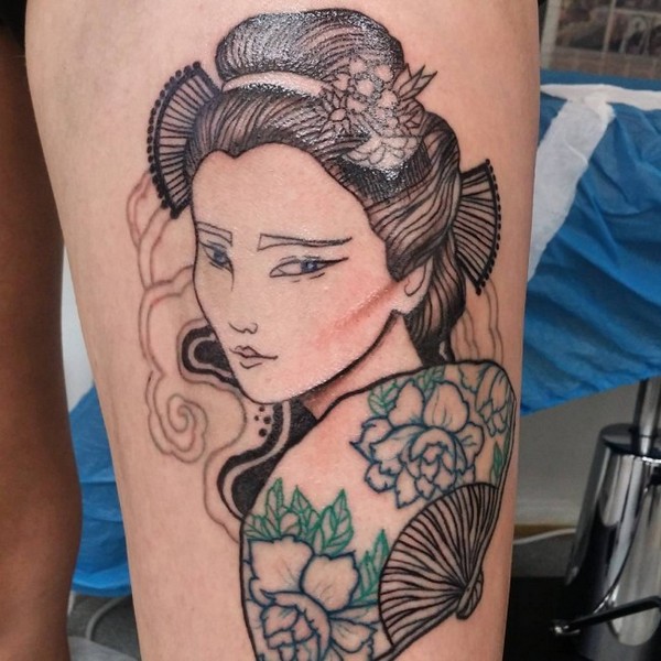 Geisha In Blue Dress With Cherry Blossoms Best Temporary Tattoos|  WannaBeInk.com