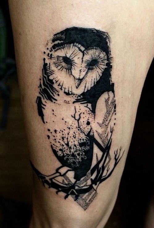 Geometric Owl on Branch Tattoo